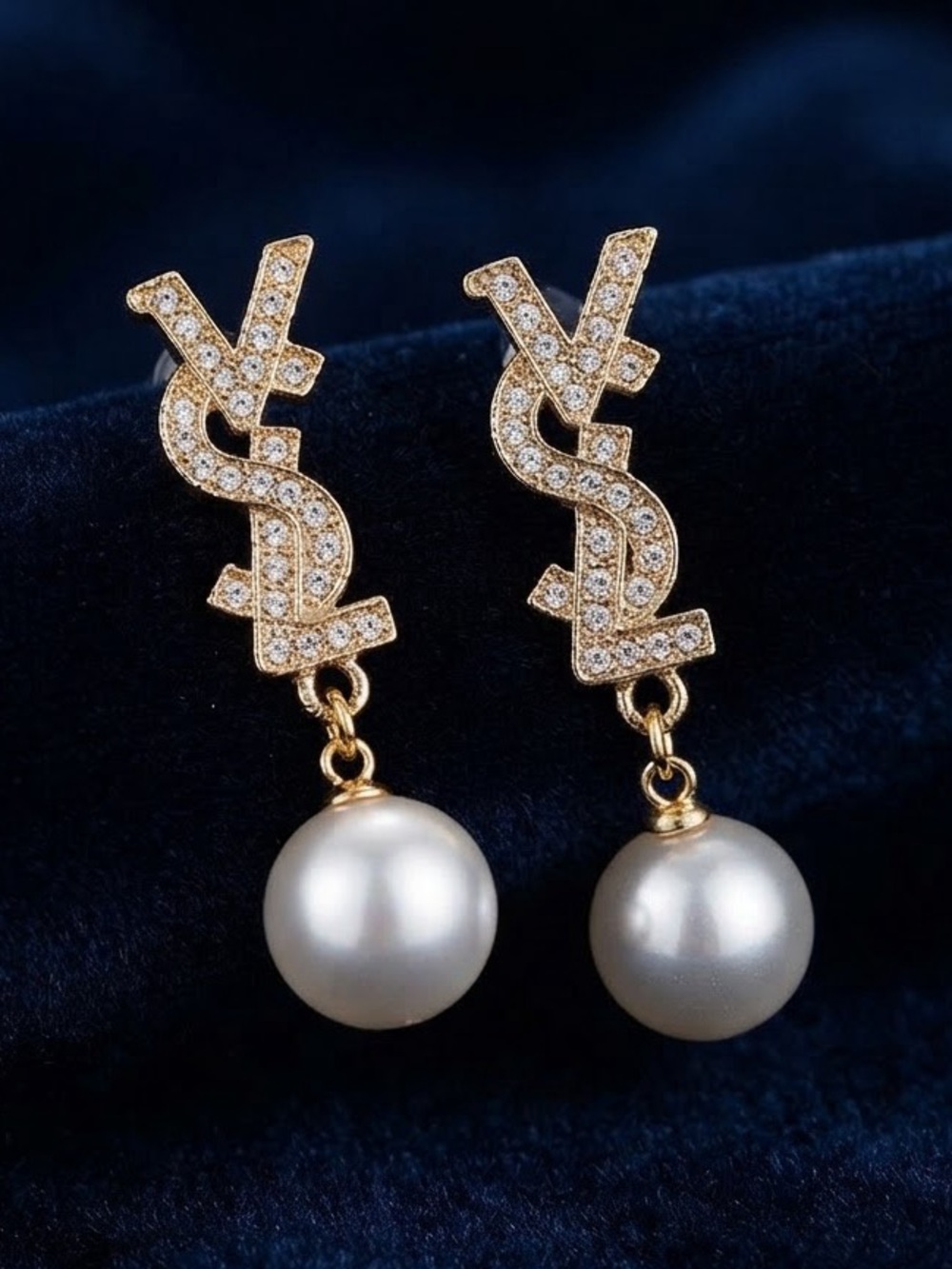 Gold Tons Crystal Lettered Drop Earrings with White Pearls